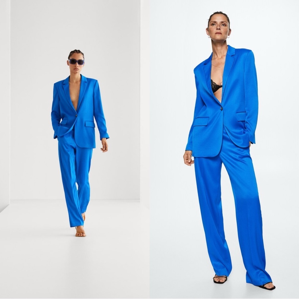 Mango Electric Blue Satin Tailored Blazer and Pants Set XS